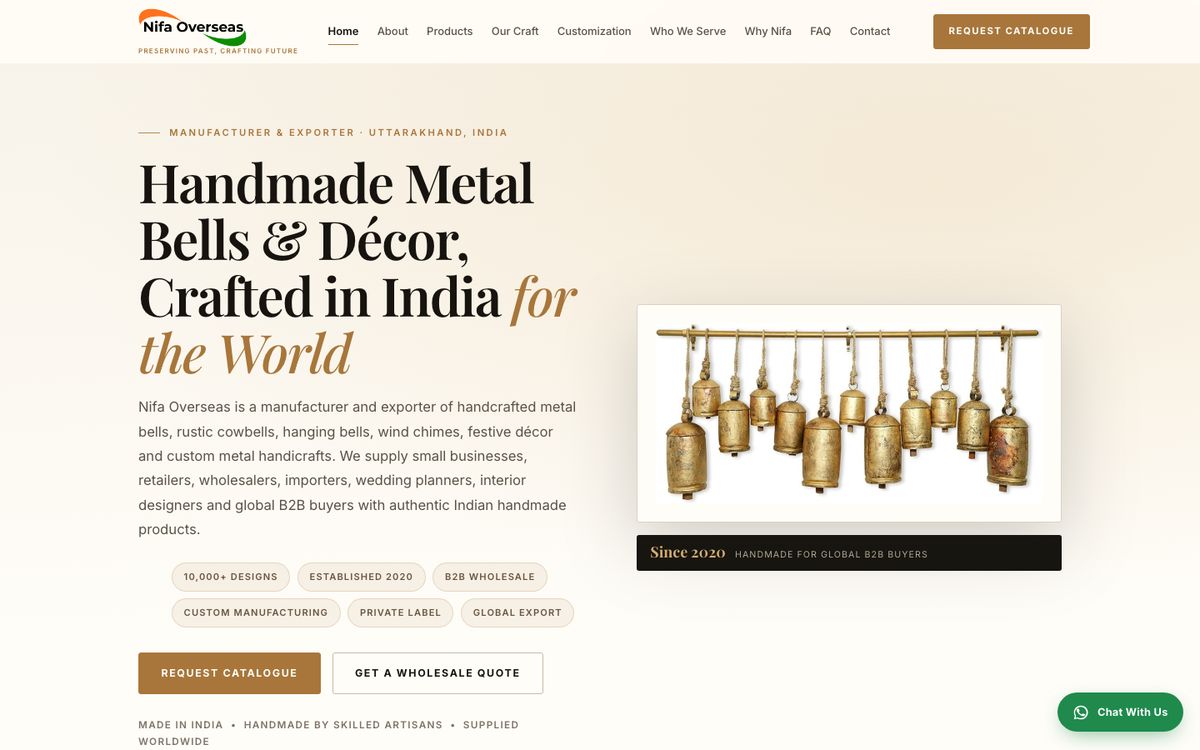 Home page of Nifa Overseas — B2B One-Pager
