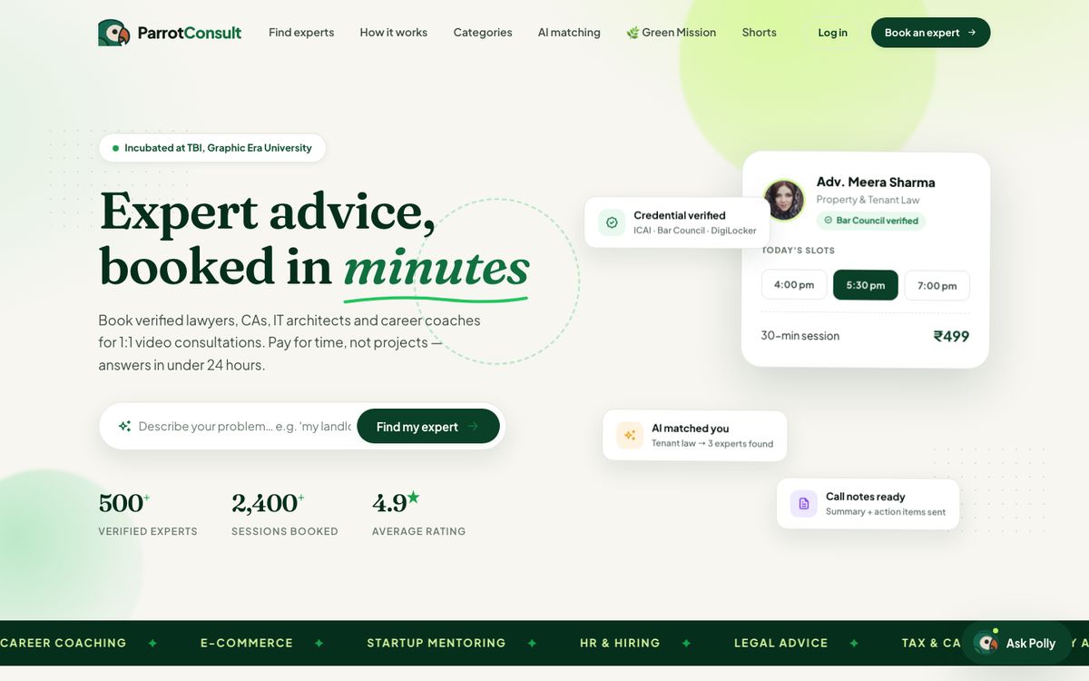 Home page of Parrot Consult — Expert Booking Platform